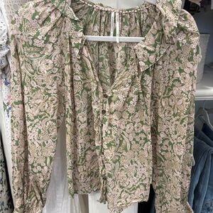 Anthropologie Green and Pink Floral Blouse